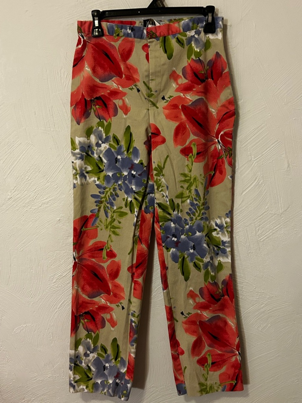 Vintage Maren  Floral Cotton Stretch Pants in Pink & Blue on Tan Sz 10